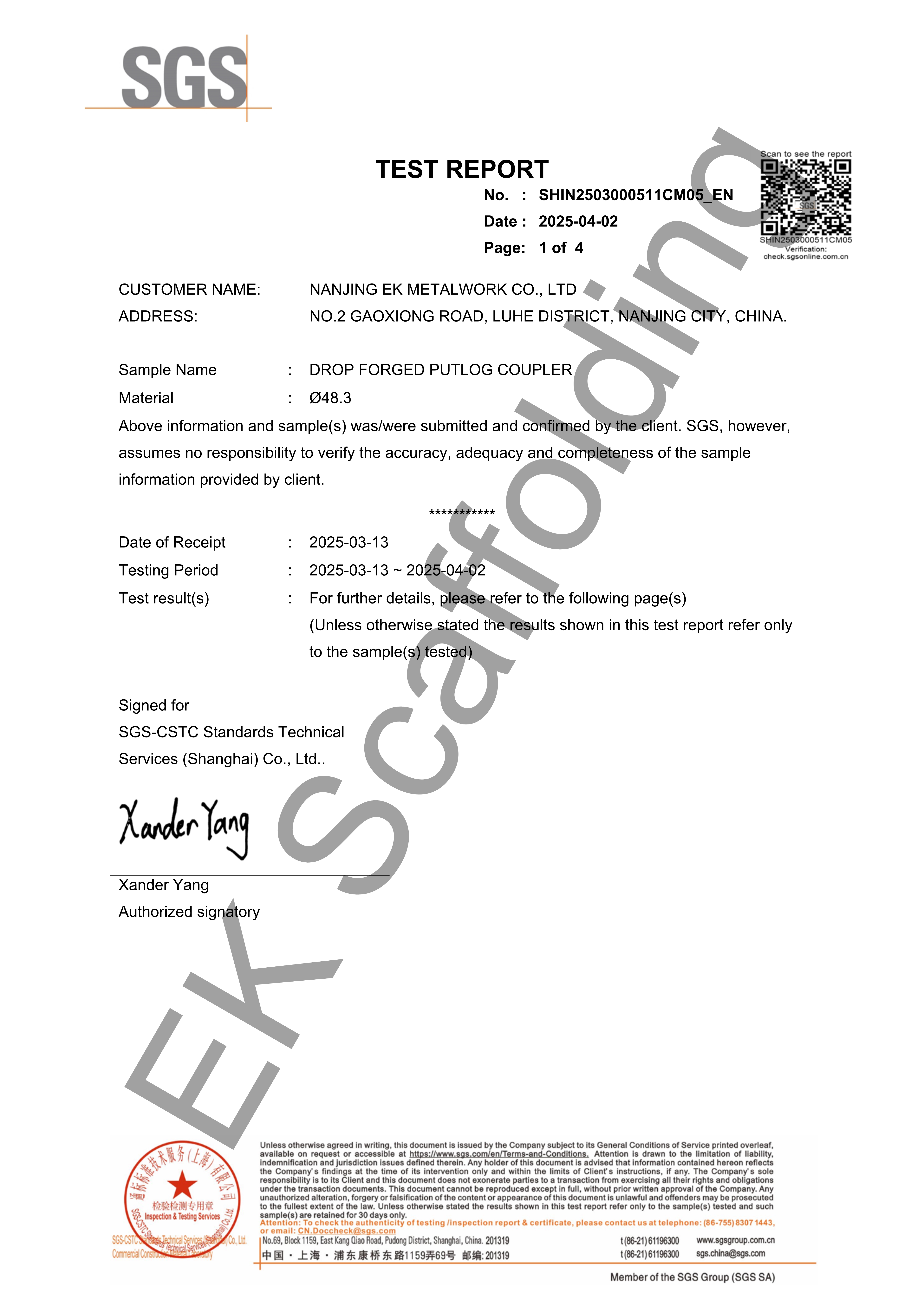 Putlog Coupler SGS Testovac&iacute; zpr&aacute;va 